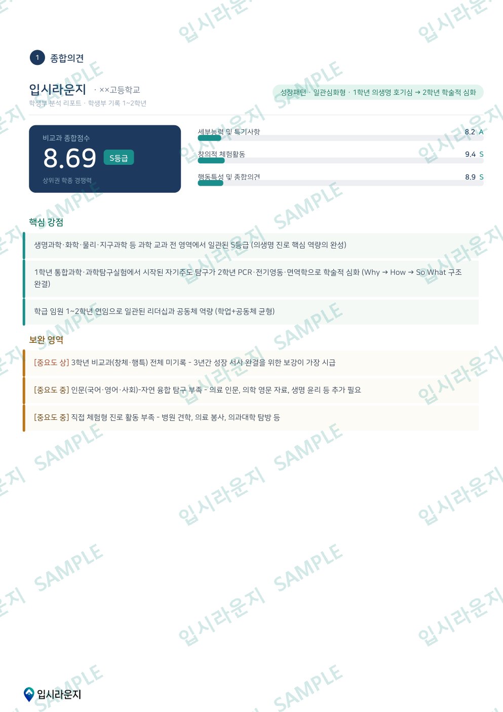 입시라운지 학생부 분석 리포트 샘플 3페이지